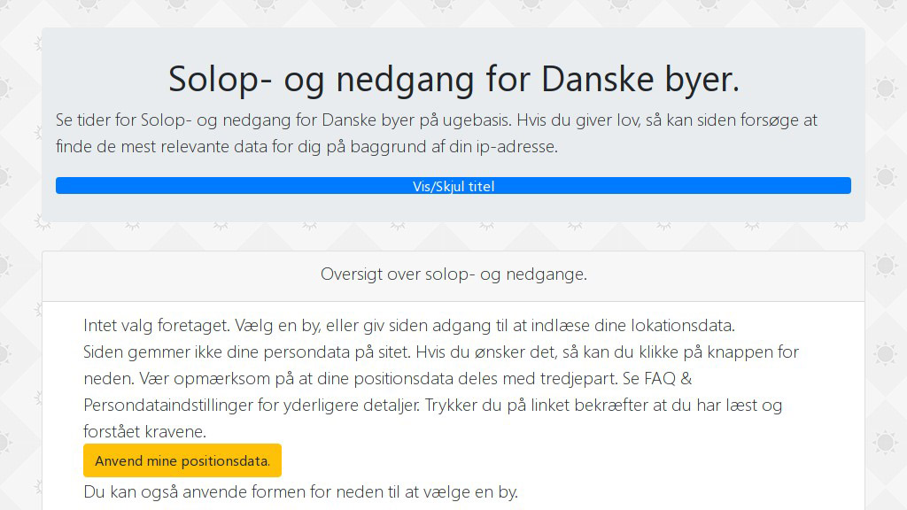 Screenshot af Solop- og nedgang for Danske byer.